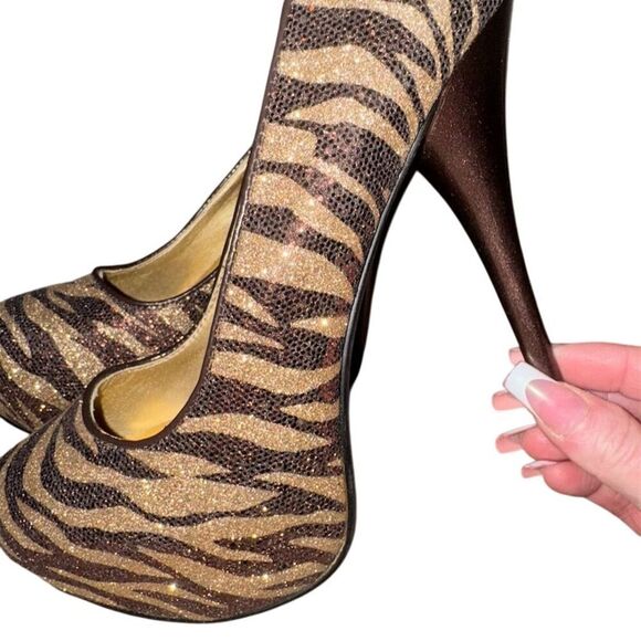 QUPID Brown/ Gold Zebra Print Rhinestone Platform Stiletto Heels Size 8 - Picture 11 of 14